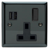 Iridium Black Classic 1 Gang 13A Switched Socket + 2 x 5V DC 3400mA USB Ports Black Inserts
