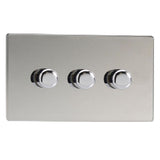 Polished Chrome Screwless V-PRO Professional 3 Gang 2 Way Push On Off LED Dimmer 3 x 0W-120W (Twin Plate)