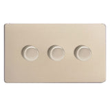 Satin Chrome Screwless V-PRO Professional 3 Gang 2 Way Push On Off LED Dimmer 3 x 0W-120W (Twin Plate)