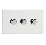 Premium White Screwless V-PRO Professional 3 Gang 2 Way Push On Off LED Dimmer 3 x 0W-120W (Twin Plate)
