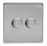 Brushed Steel Screwless V-PRO Professional 2 Gang 2 Way Push On Off LED Dimmer 2 x 0W-120W