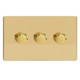 Polished Brass Screwless V-PRO Professional 3 Gang 2 Way Push On Off LED Dimmer 3 x 0W-120W (Twin Plate)