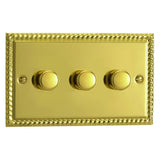 Georgian Brass Classic V-PRO Professional 3 Gang 2 Way Push On Off LED Dimmer 3 x 0W-120W (Twin Plate)