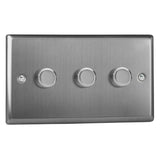 Brushed Steel Classic V-PRO Professional 3 Gang 2 Way Push On Off LED Dimmer 3 x 0W-120W (Twin Plate)