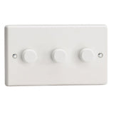 White V-COM Commercial 3 Gang 2 Way Push On Off LED Dimmer 3 x 25W-180W (Twin Plate)