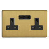 Brushed Brass Screwless 2 Gang 13A Unswitched Socket + 2 5V DC 2100mA USB Ports Black Inserts