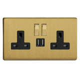 Brushed Brass Screwless 2 Gang 13A Decorative Switched Socket + 2 5V DC 2100mA USB Ports Black Inserts