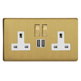 Brushed Brass Screwless 2 Gang 13A Decorative Switched Socket + 2 5V DC 2100mA USB Ports White Inserts