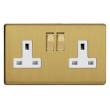 Brushed Brass Screwless 2 Gang 13A Double Pole Decorative Switched Socket White Inserts
