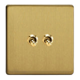 Brushed Brass Screwless 2 Gang 10A 1 or 2 Way Decorative Toggle Switch