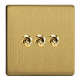 Brushed Brass Screwless 3 Gang 10A 1 or 2 Way Decorative Toggle Switch