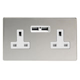 Polished Chrome Screwless 2 Gang 13A Unswitched Socket + 2 5V DC 2100mA USB Ports White Inserts