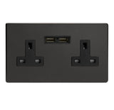 Premium Black Screwless 2 Gang 13A Unswitched Socket + 2 5V DC 2100mA USB Ports Black Inserts
