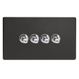 Premium Black Screwless 4 Gang 10A 1 or 2 Way Decorative Toggle Switch (Twin Plate)