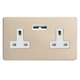 Satin Chrome Screwless 2 Gang 13A Unswitched Socket + 2 5V DC 2100mA USB Ports White Inserts
