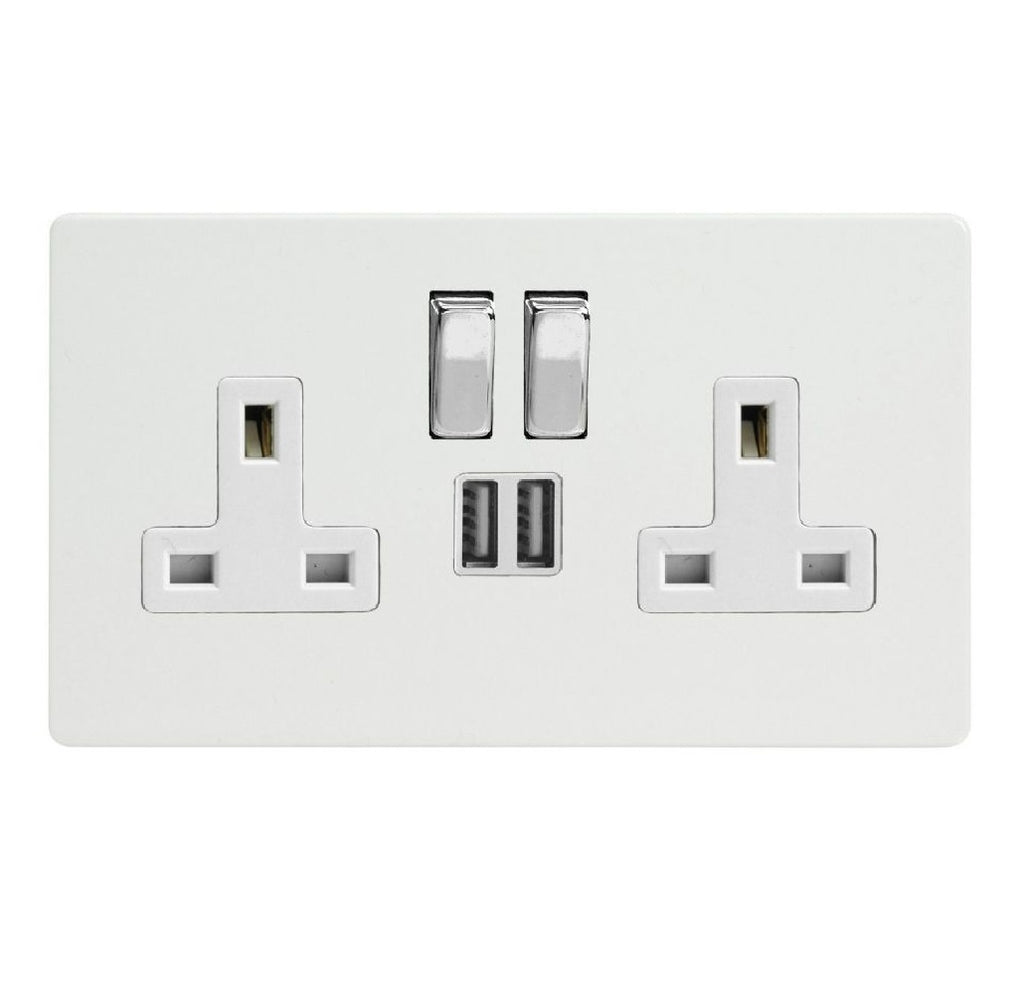 Premium White Screwless 2 Gang 13A Decorative Switched Socket + 2 5V D ...