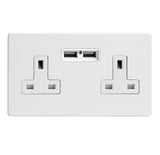 Premium White Screwless 2 Gang 13A Unswitched Socket + 2 5V DC 2100mA USB Ports White Inserts
