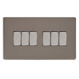 Pewter Screwless 6 Gang 10A 1 or 2 Way Decorative Rocker Switch (Twin Plate)