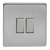 Brushed Steel Screwless 2 Gang 10A 1 or 2 Way Decorative Rocker Switch