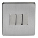 Brushed Steel Screwless 3 Gang 10A 1 or 2 Way Decorative Rocker Switch