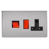 Brushed Steel Screwless Cooker Switch 45A with 13A Switched Socket Outlet Black Inserts