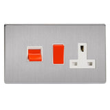 Brushed Steel Screwless Cooker Switch 45A with 13A Switched Socket Outlet White Inserts