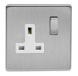 Brushed Steel Screwless 1 Gang 13A Double Pole Decorative Switched Socket White Inserts