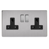 Brushed Steel Screwless 2 Gang 13A Double Pole Decorative Switched Socket Black Inserts