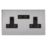 Brushed Steel Screwless 2 Gang 13A Unswitched Socket + 2 5V DC 2100mA USB Ports Black Inserts