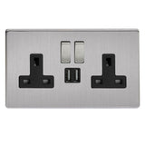 Brushed Steel Screwless 2 Gang 13A Decorative Switched Socket + 2 5V DC 2100mA USB Ports Black Inserts