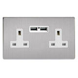 Brushed Steel Screwless 2 Gang 13A Unswitched Socket + 2 5V DC 2100mA USB Ports White Inserts