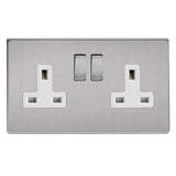 Brushed Steel Screwless 2 Gang 13A Double Pole Decorative Switched Socket White Inserts