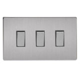 Brushed Steel Screwless 3 Gang 10A 1 or 2 Way Decorative Rocker Switch (Twin Plate)