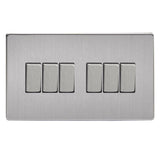 Brushed Steel Screwless 6 Gang 10A 1 or 2 Way Decorative Rocker Switch (Twin Plate)