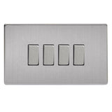 Brushed Steel Screwless 4 Gang 10A 1 or 2 Way Decorative Rocker Switch (Twin Plate)