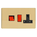 Polished Brass Screwless Cooker Switch 45A with 13A Switched Socket Outlet Black Inserts