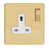 Polished Brass Screwless 1 Gang 13A Double Pole Decorative Switched Socket White Inserts