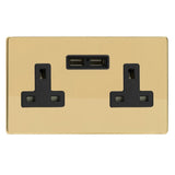 Polished Brass Screwless 2 Gang 13A Unswitched Socket + 2 5V DC 2100mA USB Ports Black Inserts