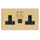 Polished Brass Screwless 2 Gang 13A Decorative Switched Socket + 2 5V DC 2100mA USB Ports Black Inserts