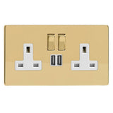 Polished Brass Screwless 2 Gang 13A Decorative Switched Socket + 2 5V DC 2100mA USB Ports White Inserts