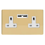 Polished Brass Screwless 2 Gang 13A Unswitched Socket + 2 5V DC 2100mA USB Ports White Inserts