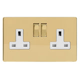 Polished Brass Screwless 2 Gang 13A Double Pole Decorative Switched Socket White Inserts