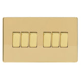 Polished Brass Screwless 6 Gang 10A 1 or 2 Way Decorative Rocker Switch (Twin Plate)