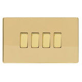 Polished Brass Screwless 4 Gang 10A 1 or 2 Way Decorative Rocker Switch (Twin Plate)