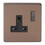 Brushed Bronze Screwless Urban 1 Gang 13A Double Pole Decorative Switched Socket Black Inserts