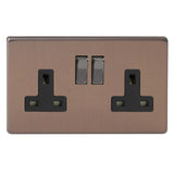 Brushed Bronze Screwless Urban 2 Gang 13A Double Pole Decorative Switched Socket Black Inserts