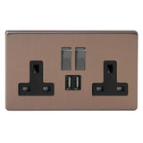 Brushed Bronze Screwless Urban 2 Gang 13A Decorative Switched Socket + 2 5V DC 2100mA USB Ports Black Inserts
