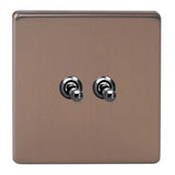 Brushed Bronze Screwless Urban 2 Gang 10A 1 or 2 Way Decorative Toggle Switch