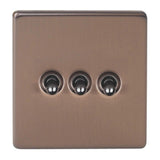 Brushed Bronze Screwless Urban 3 Gang 10A 1 or 2 Way Decorative Toggle Switch