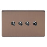 Brushed Bronze Screwless Urban 4 Gang 10A 1 or 2 Way Decorative Toggle Switch (Twin Plate)